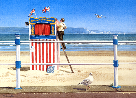 A painting of the Punch and Judy man on Weymouth beach, Dorset by Margaret Heath.